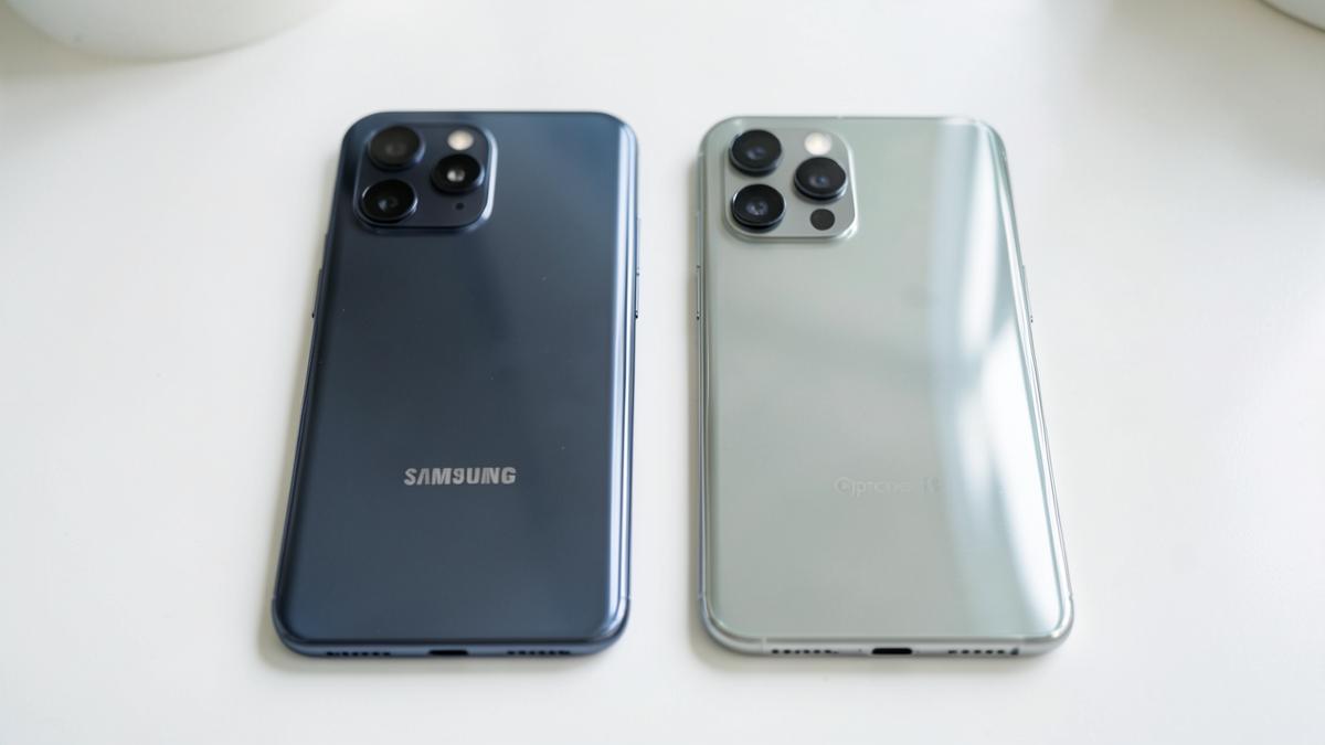 Premium refurbished Samsung Galaxy and iPhone flagship smartphones side by side on white surface