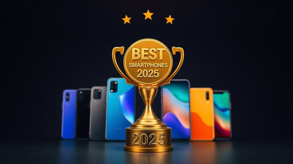 Award-style display of the best smartphones of 2025 with golden trophy on dark premium background