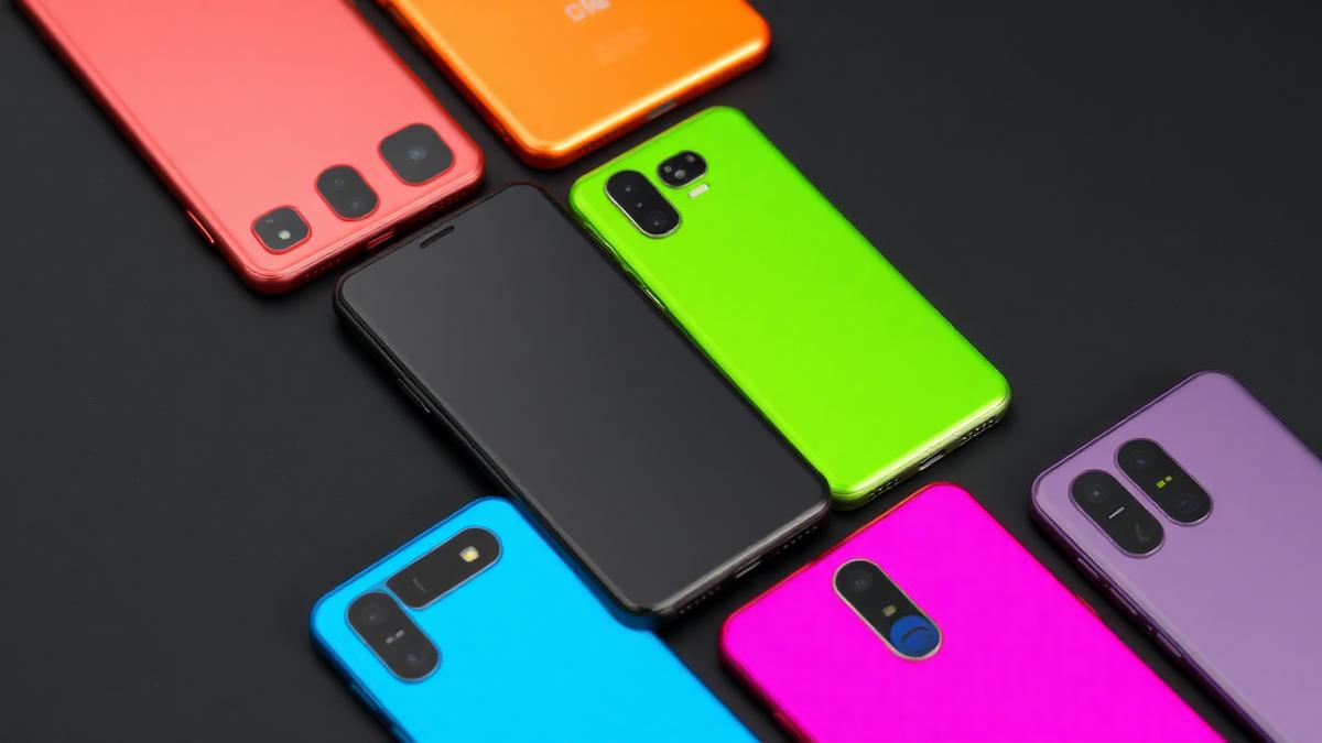 Lineup of colorful budget smartphones on dark background showing affordable phone options