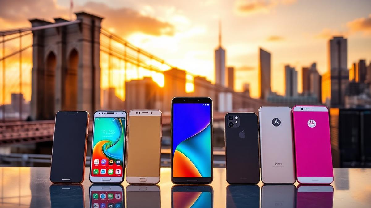 Budget smartphones lineup against New York City skyline at sunset showing affordable phone options