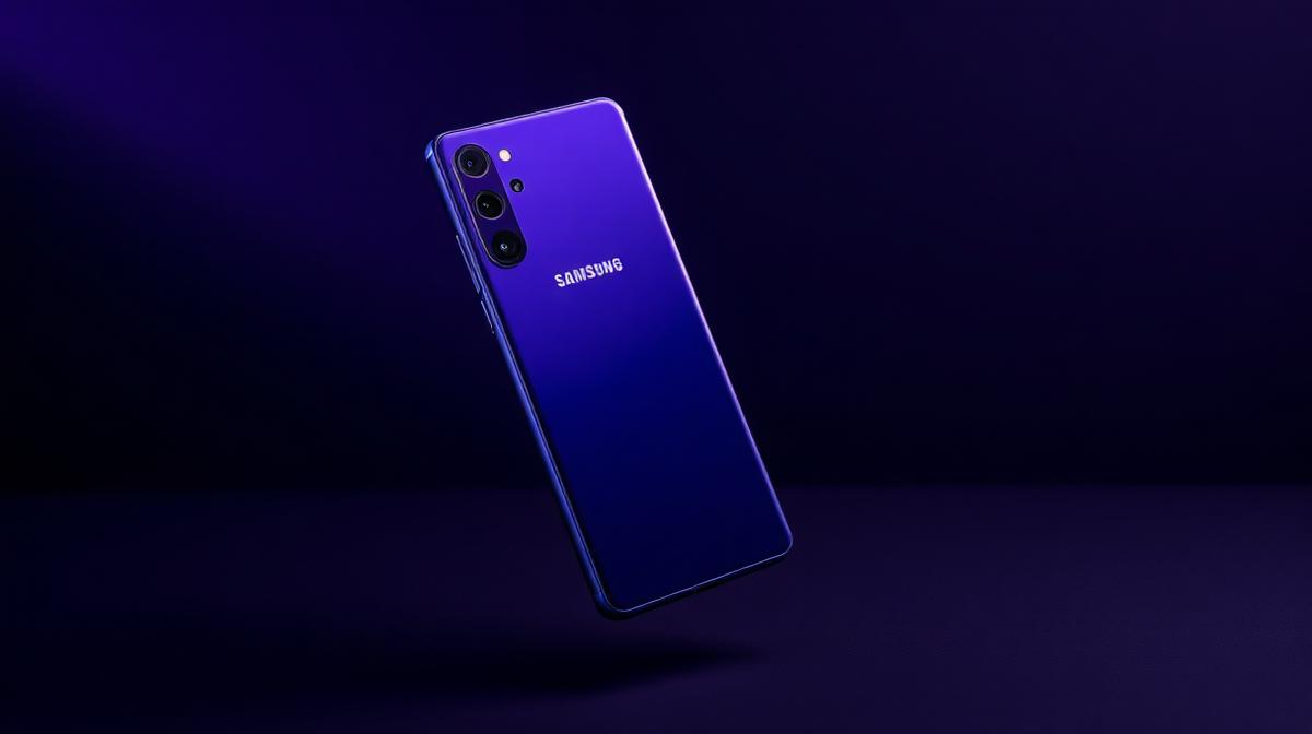 Samsung Galaxy S26 Ultra in Cobalt Violet color floating on dark purple background showcasing quad camera system