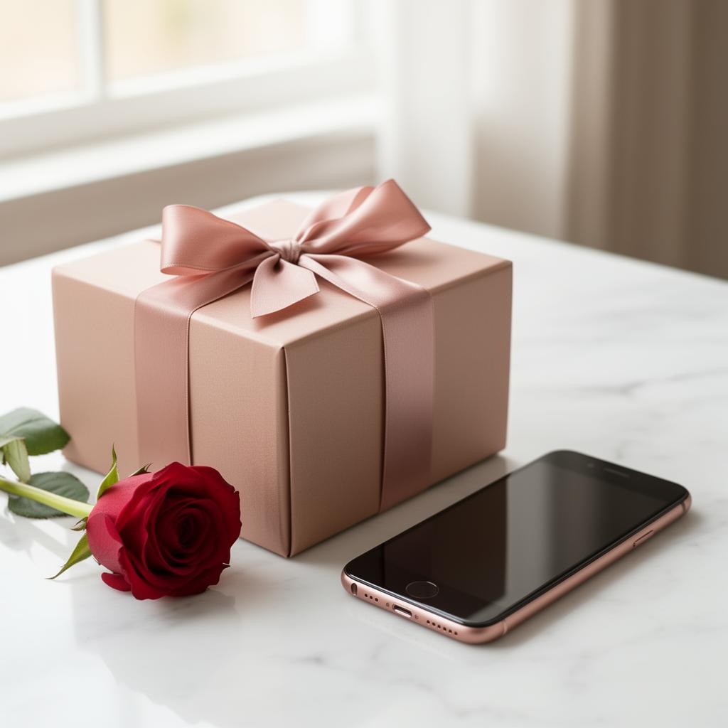 Elegant rose-gold gift box with red rose and luxury smartphone on white marble — romantic gift idea for wife 2026