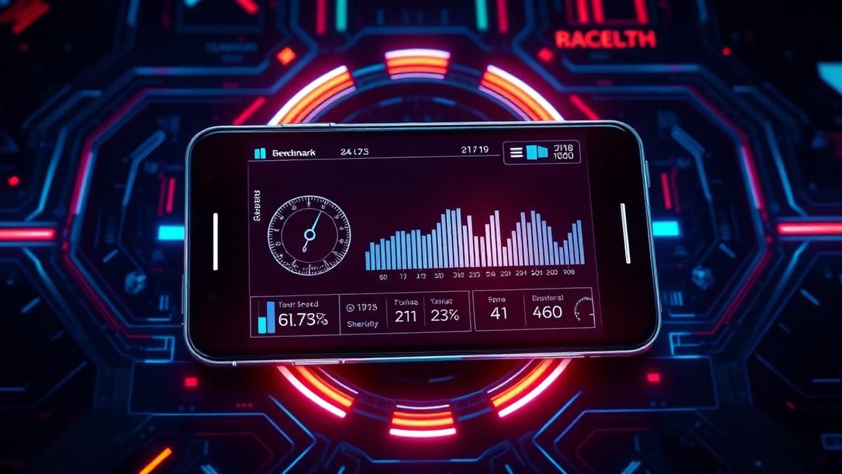 Futuristic digital display showing smartphone benchmark scores and performance metrics