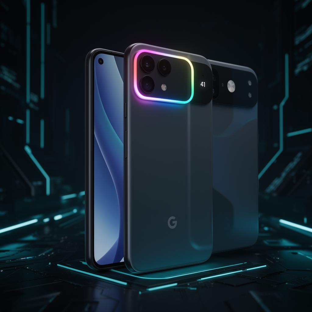 Google Pixel 11 concept render showing RGB Pixel Glow camera bar on dark futuristic background