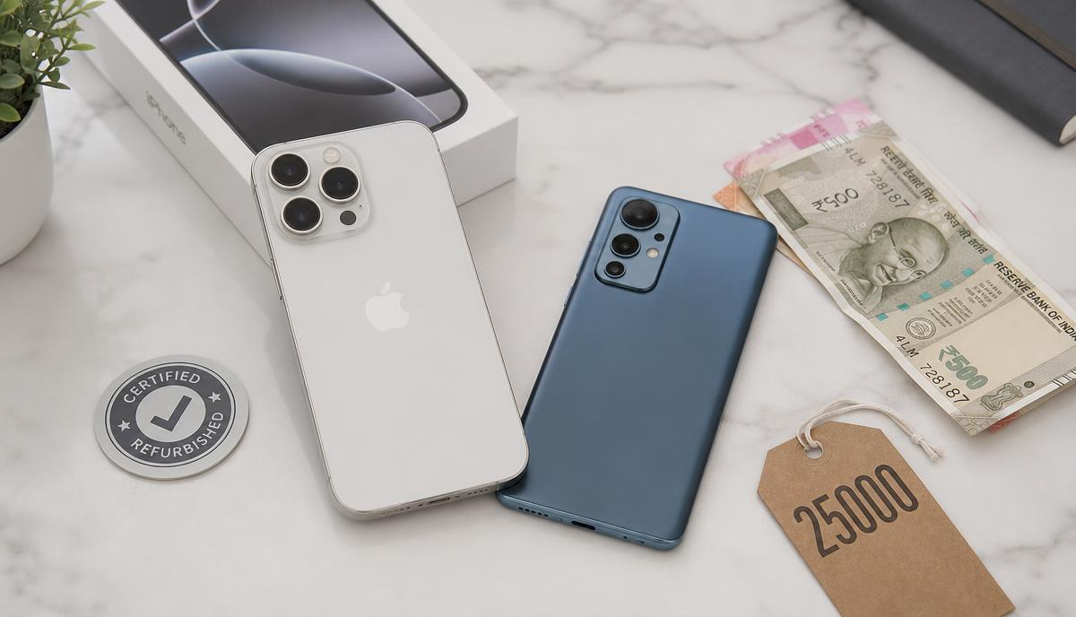 Refurbished flagship smartphone versus brand new mid-range phone with Indian rupees and 25000 price tag on marble desk