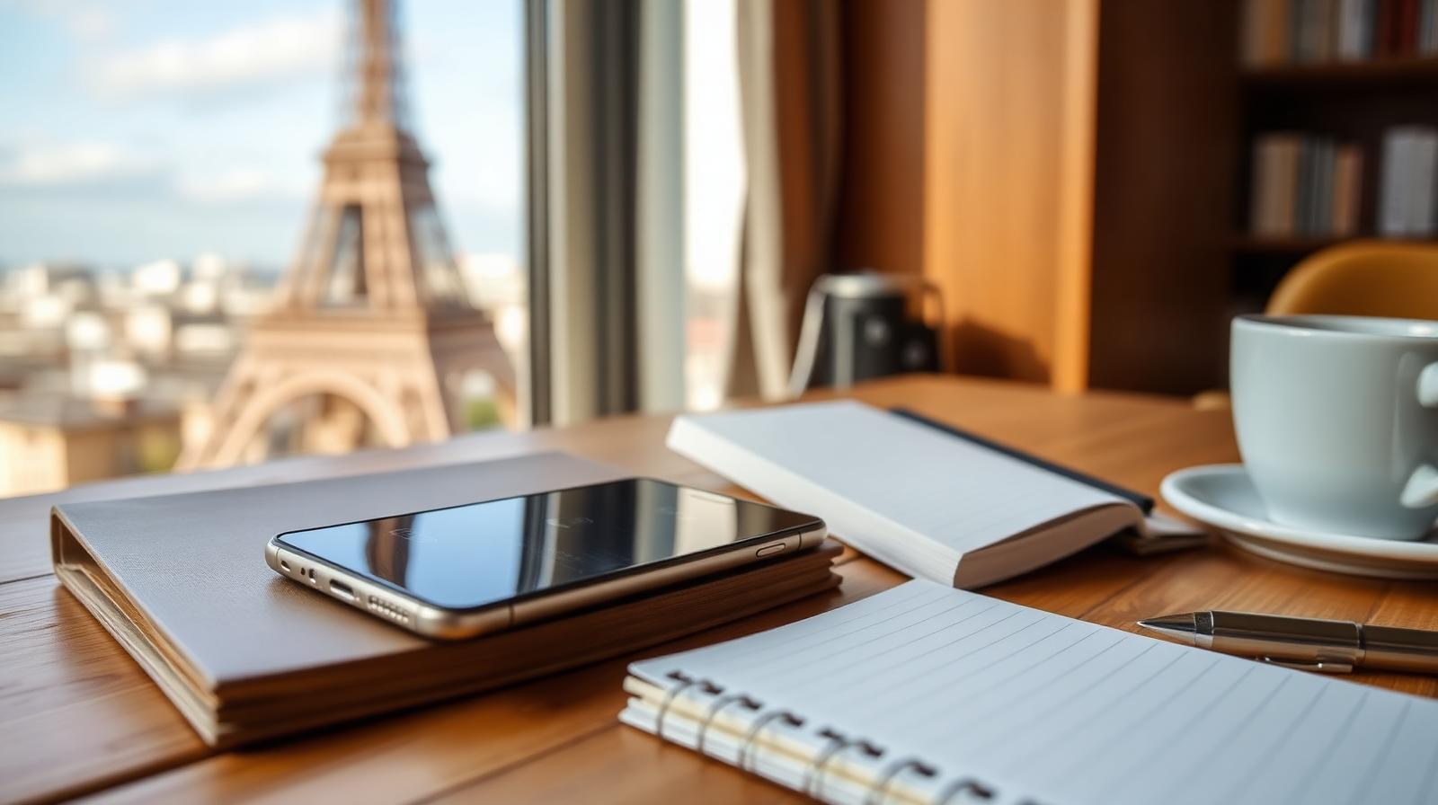 Smartphone Android pas cher posé sur un bureau d'étudiant à Paris avec carnet, café et la Tour Eiffel en arrière-plan