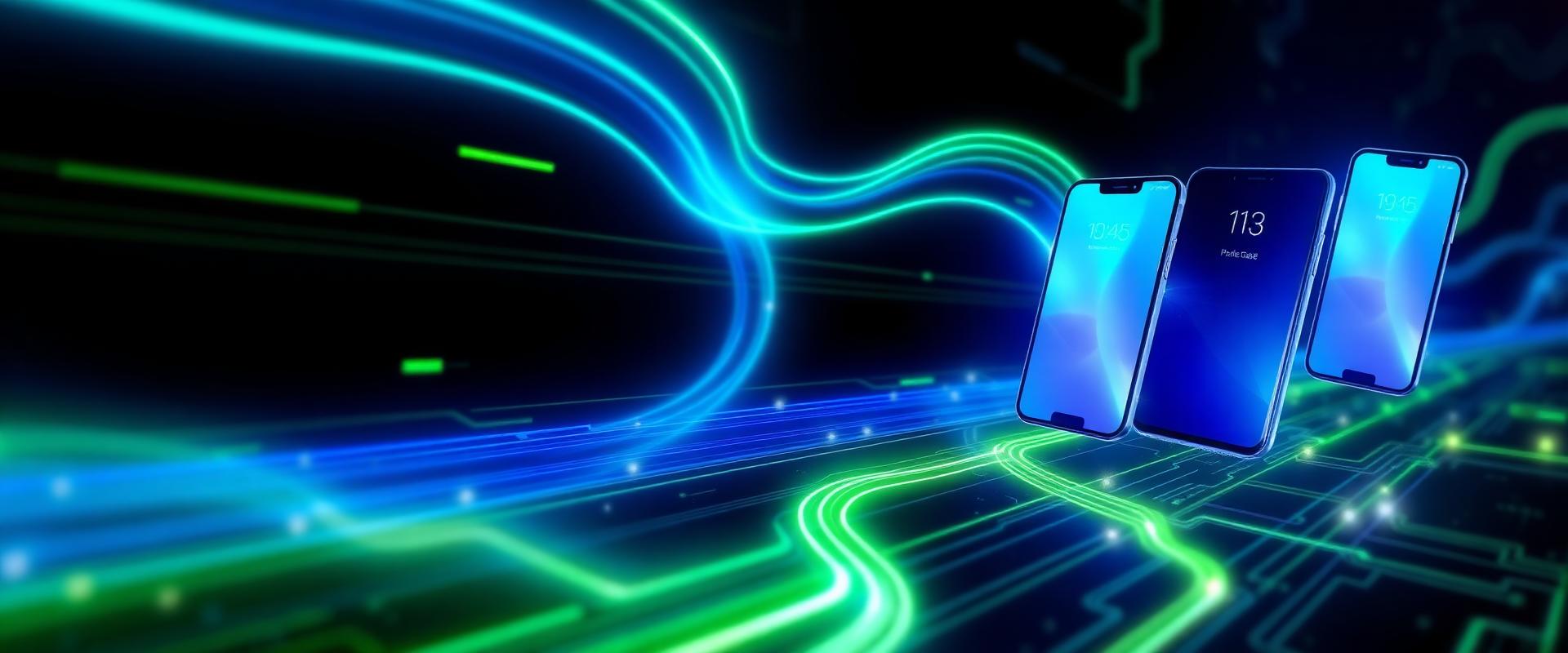 Futuristic smartphones with glowing neon light trails on dark background