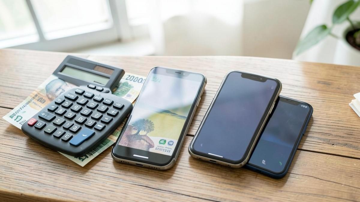 Indian rupee notes calculator and smartphones on wooden desk representing 25000 smartphone buying dilemma