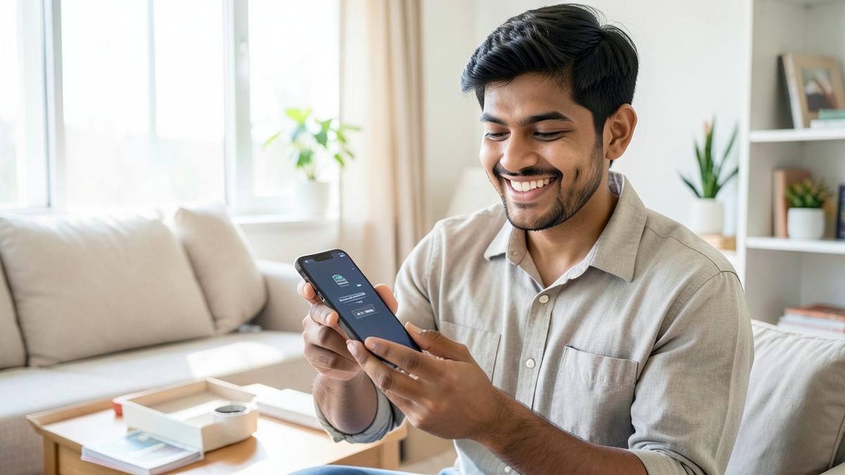 Happy Indian young professional unboxing a certified refurbished smartphone at home in bright living room