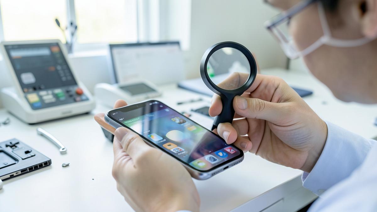 Technician inspecting a refurbished smartphone with magnifying glass in a clean quality check lab